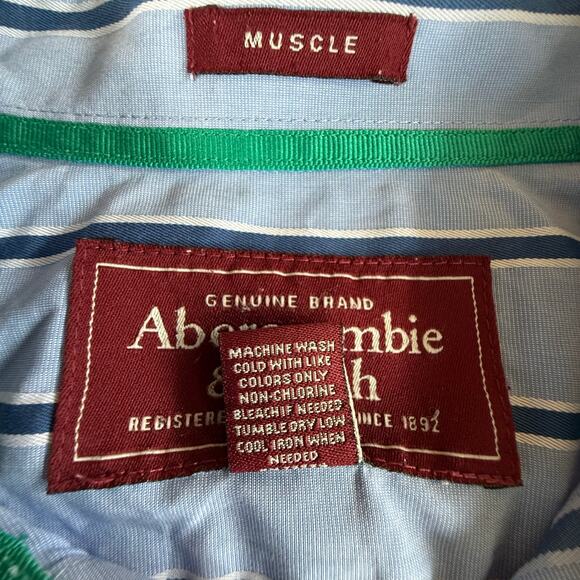 Vintage Y2K Abercrombie Fitch Button Up Muscle Shirt Mens XL Blue Stripe Preppy - Picture 7 of 11
